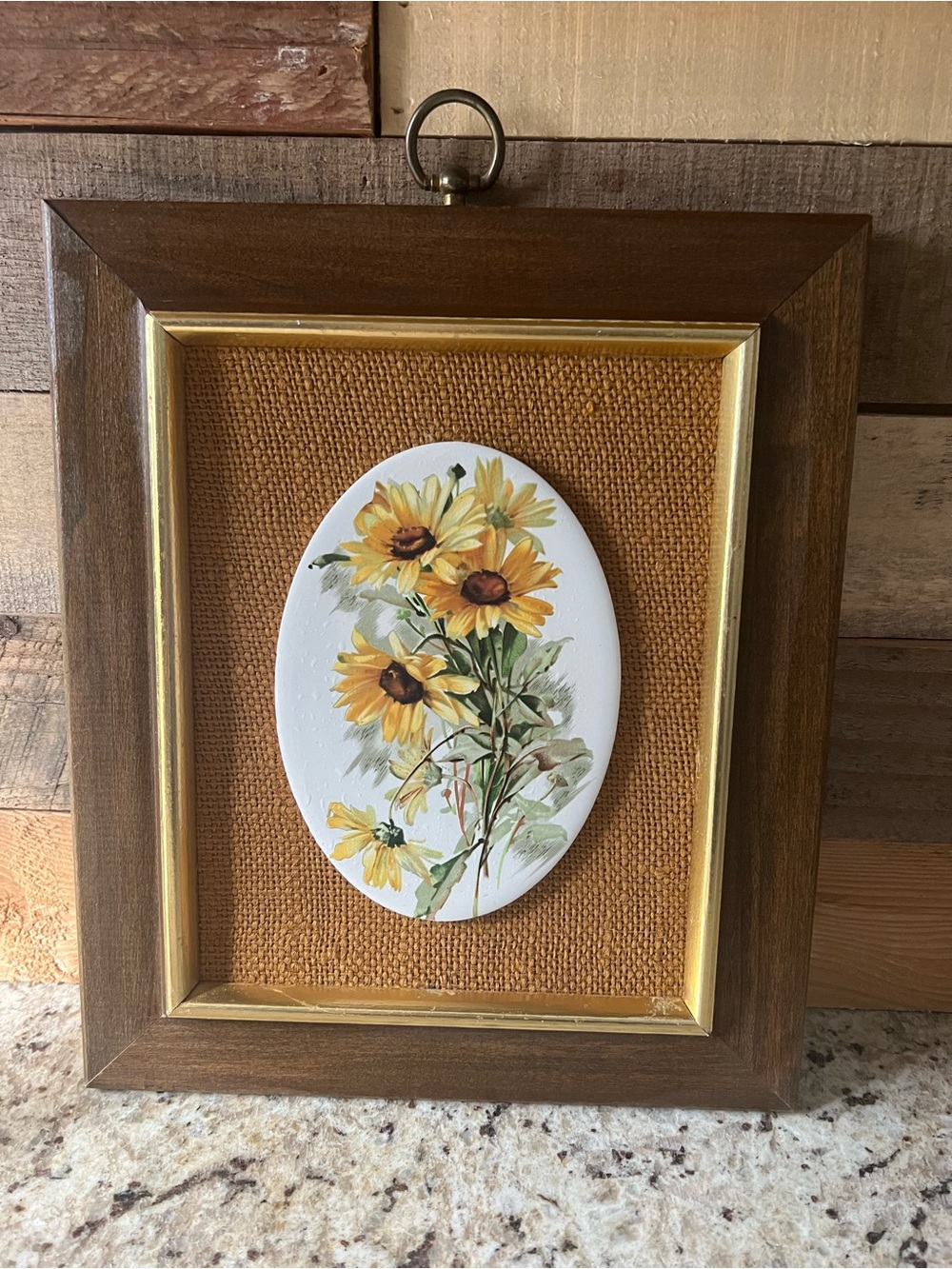 Vintage MCM Framed Yellow Sunflower Ceramic Art with Burlap Accent